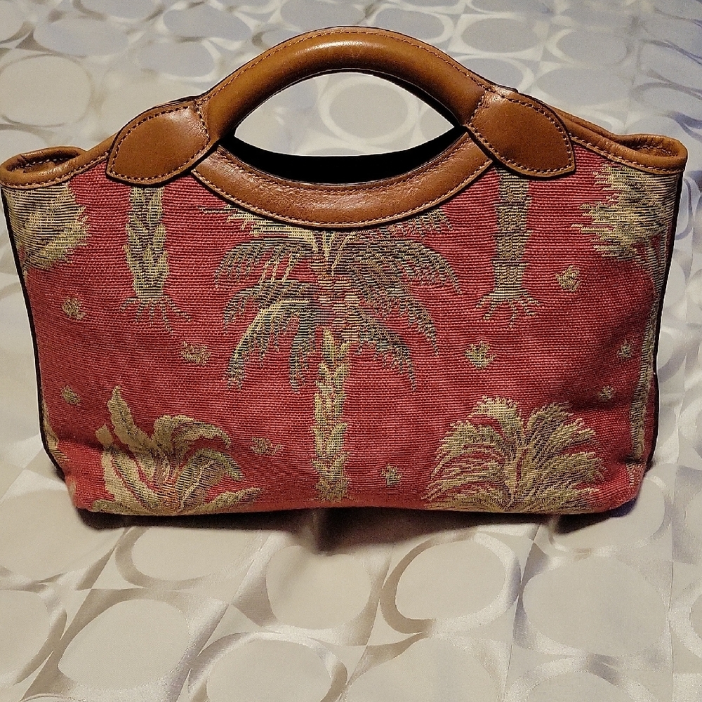 Tommy Bahama VTG Brown Leather Canvas Palm Tree Tapestry Clutch